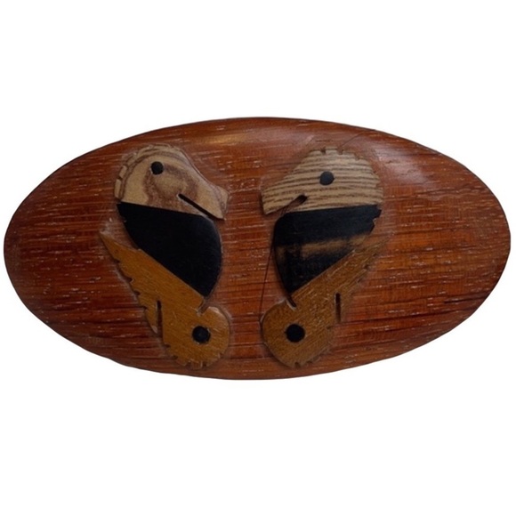 Rare Vintage Wooden Hair Barrette Oval Wooden Disk With Two Sea Horses - Picture 2 of 16